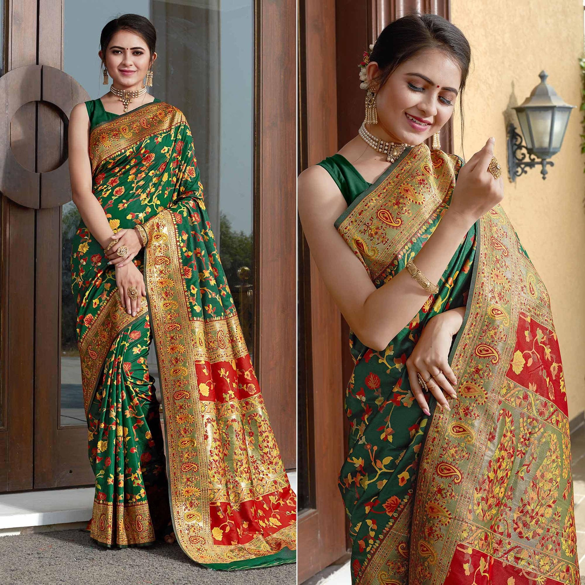 Bottle Green Woven Banarasi Silk Saree