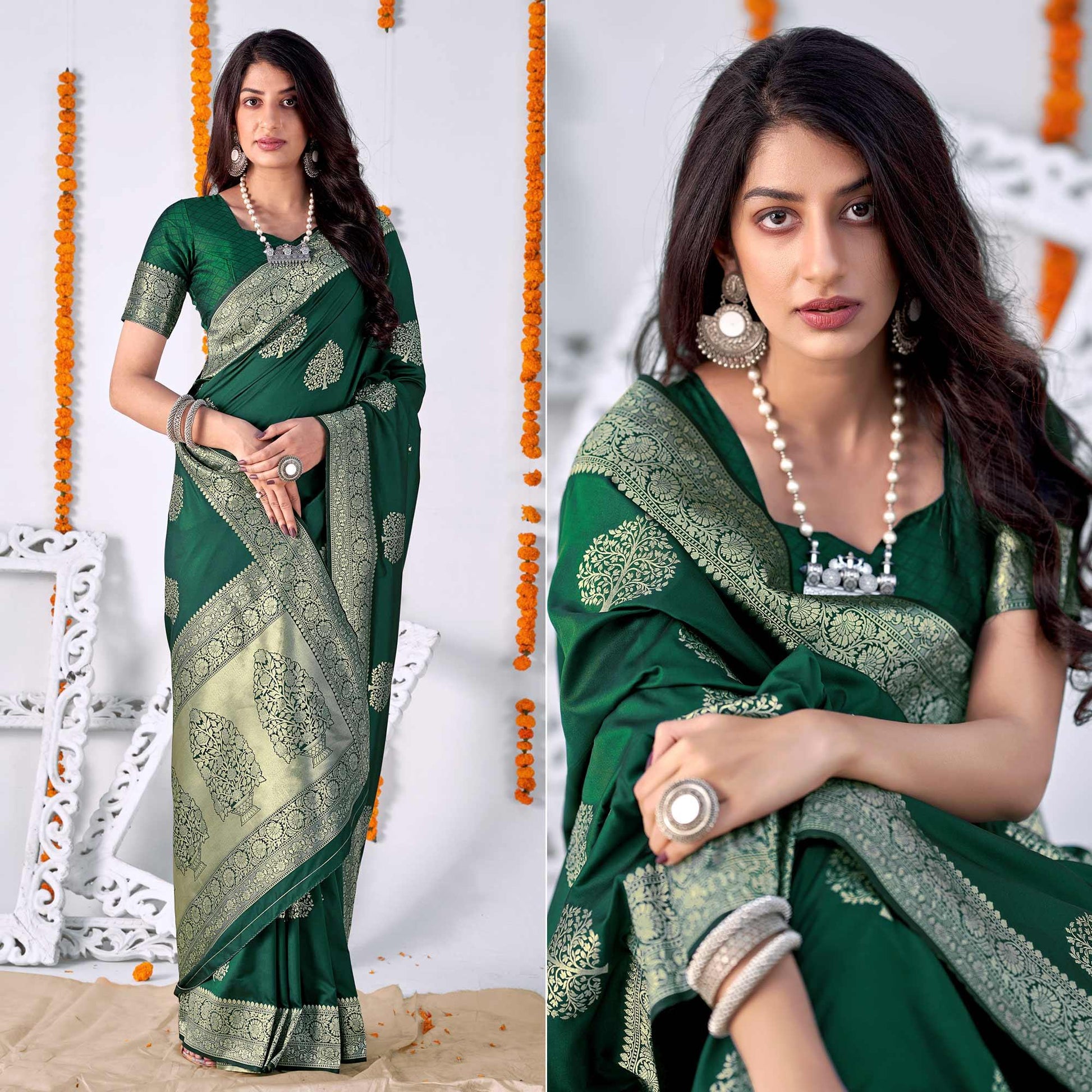 Bottle Green Woven Banarasi Silk Saree