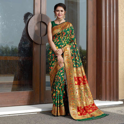 Bottle Green Woven Banarasi Silk Saree