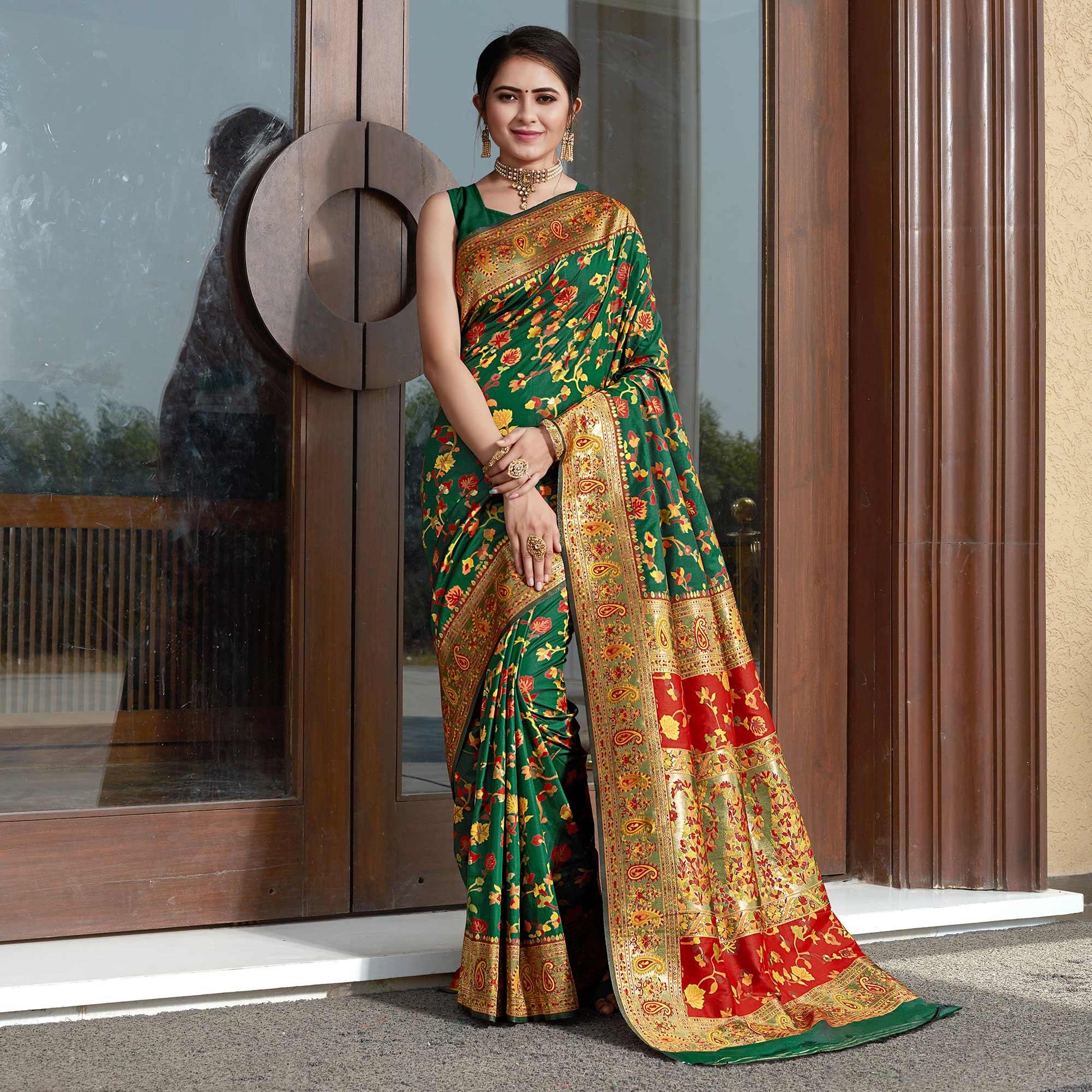 Bottle Green Woven Banarasi Silk Saree