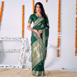 Bottle Green Woven Banarasi Silk Saree