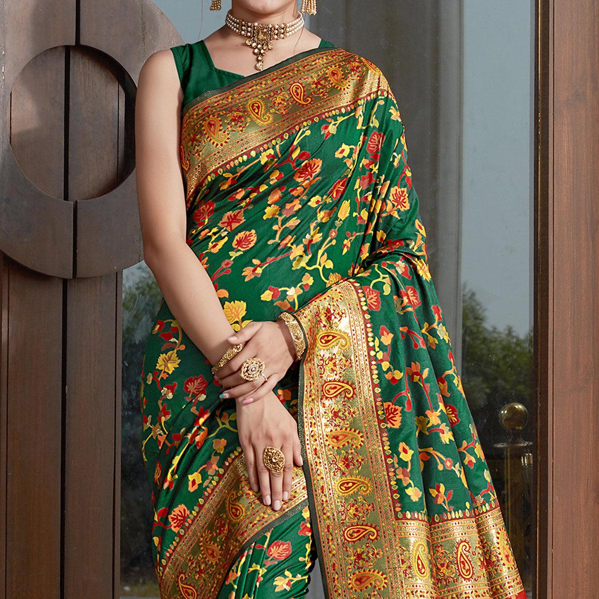 Bottle Green Woven Banarasi Silk Saree