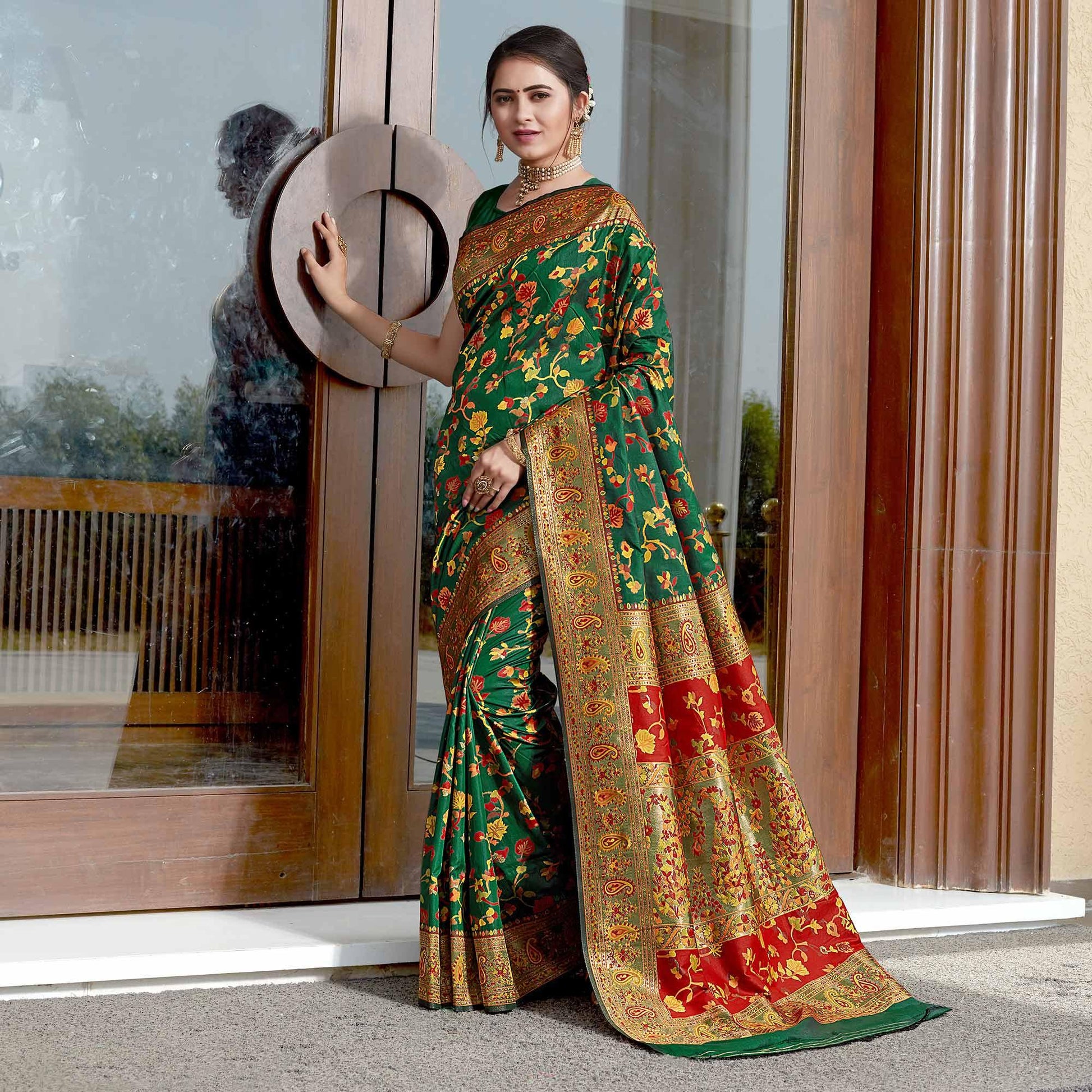 Bottle Green Woven Banarasi Silk Saree