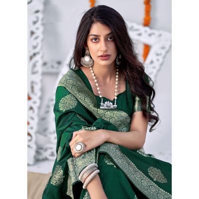 Bottle Green Woven Banarasi Silk Saree