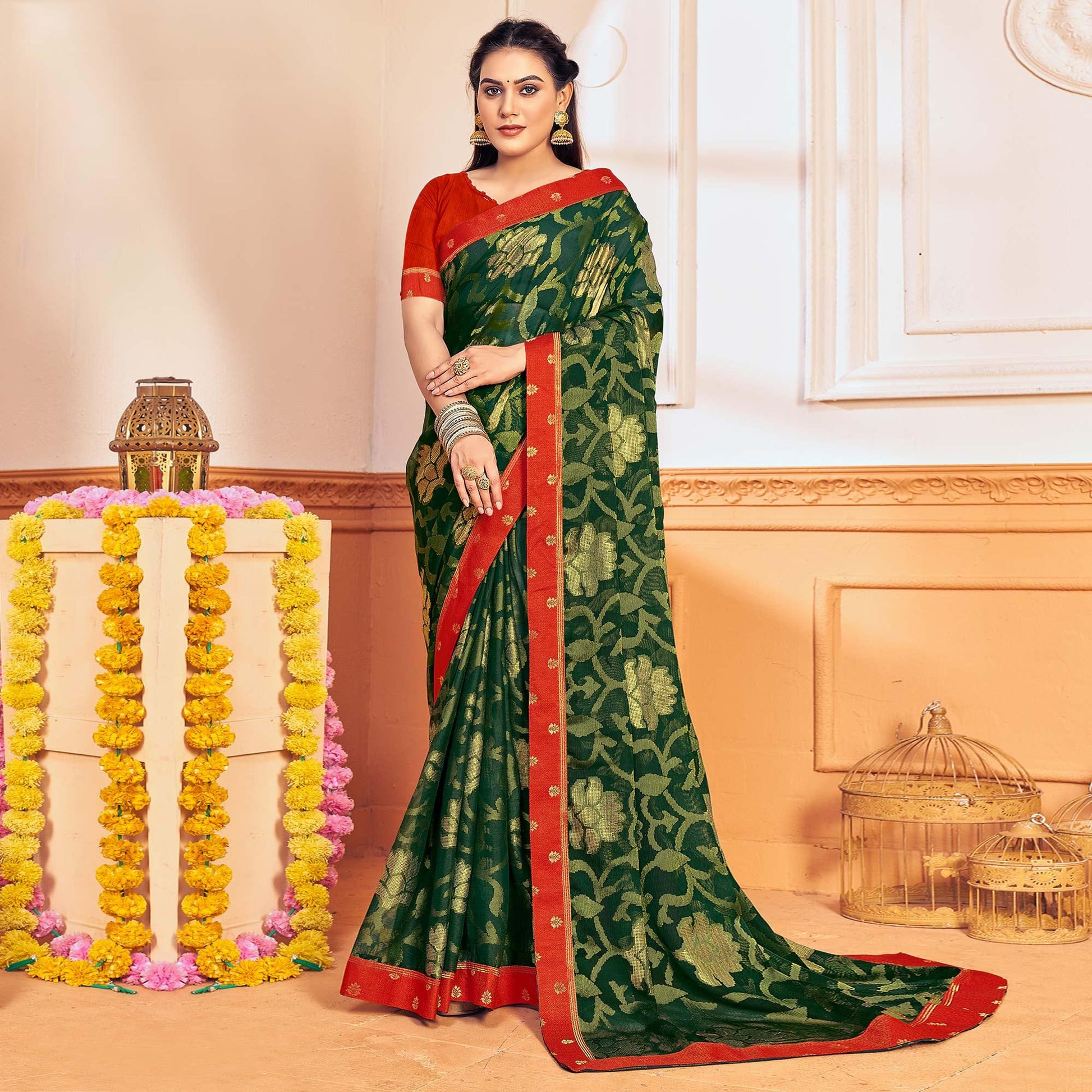 Bottle Green Woven Brasso Saree