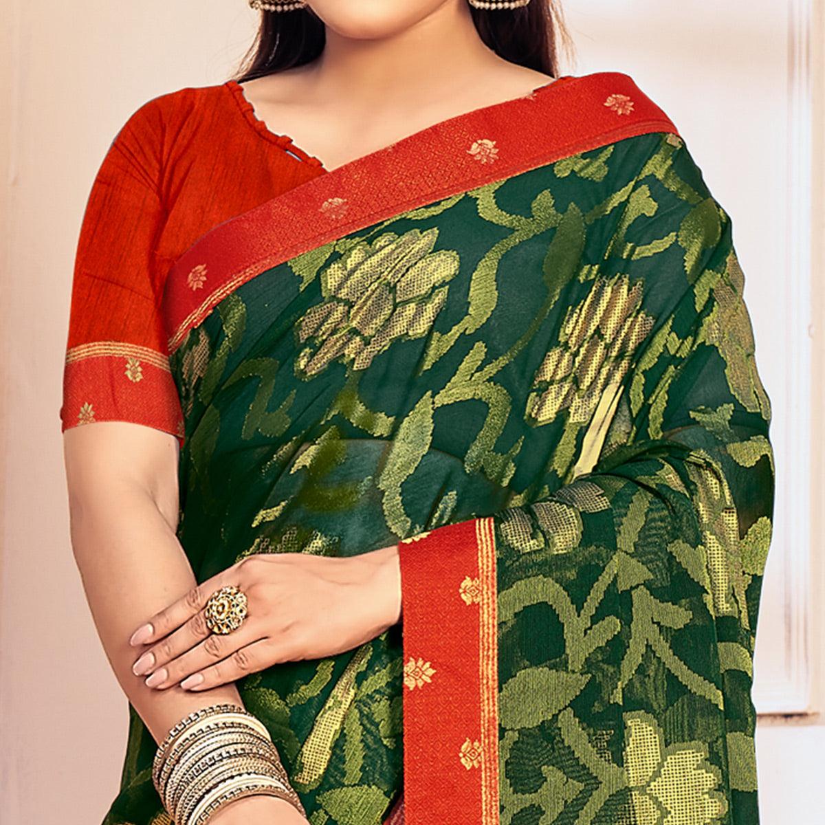 Bottle Green Woven Brasso Saree