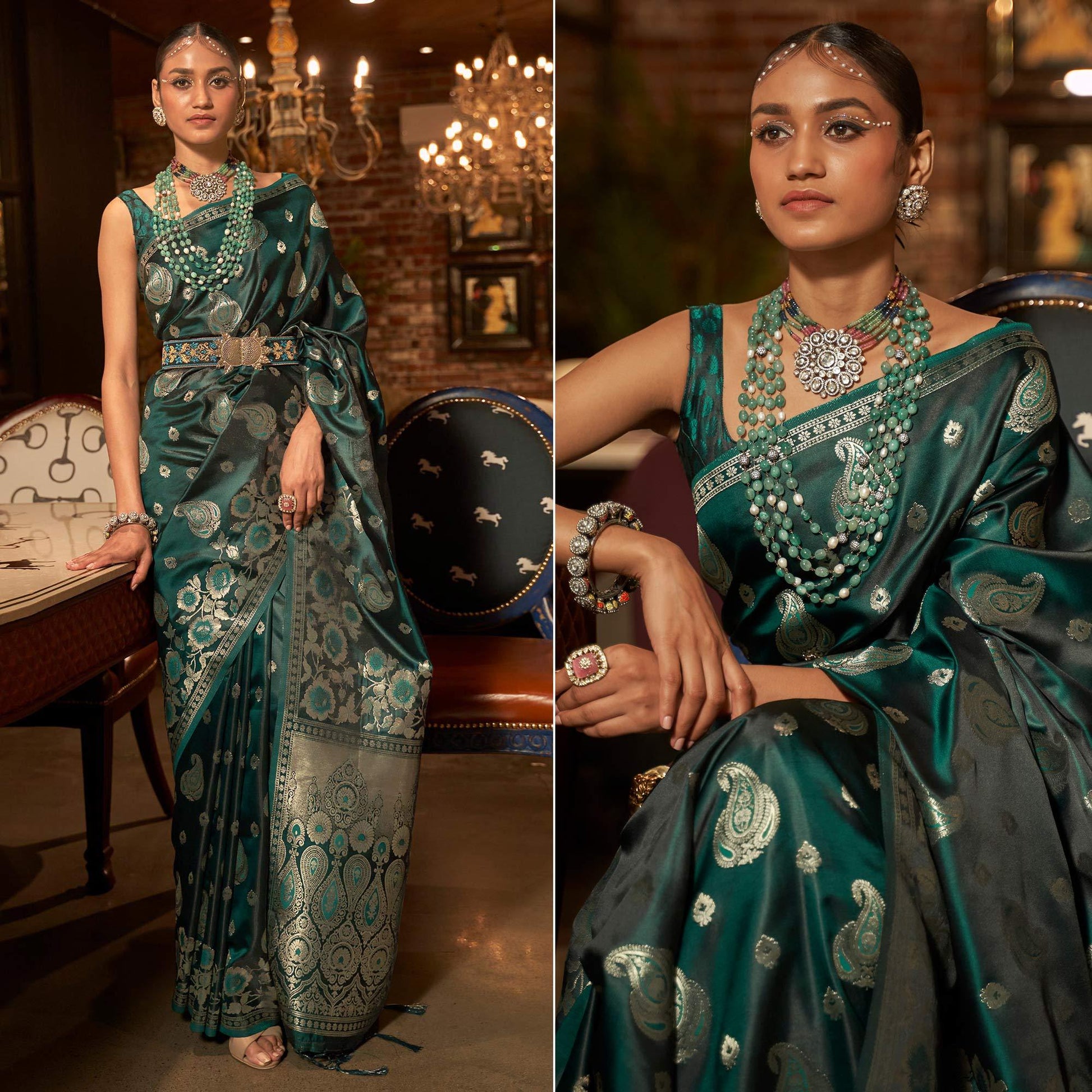 Bottle Green Woven Satin Saree With Tassels