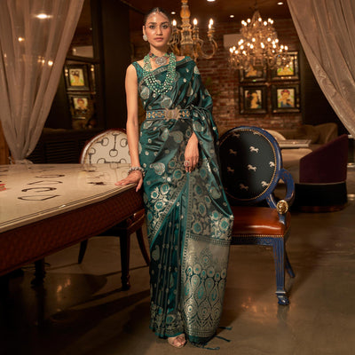 Bottle Green Woven Satin Saree With Tassels