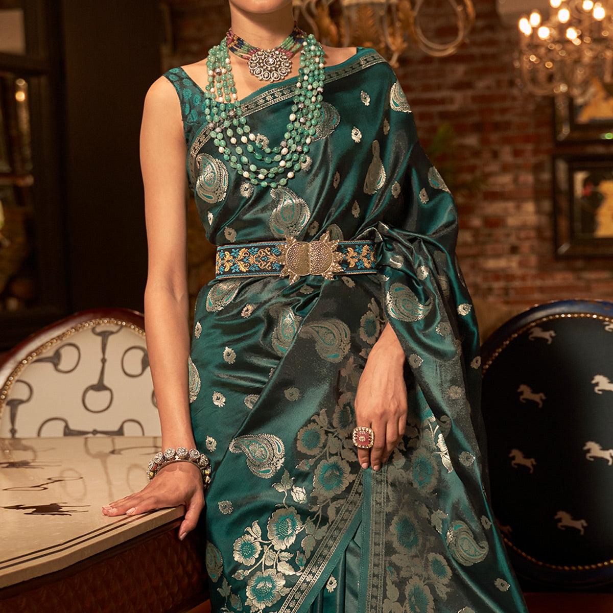 Bottle Green Woven Satin Saree With Tassels
