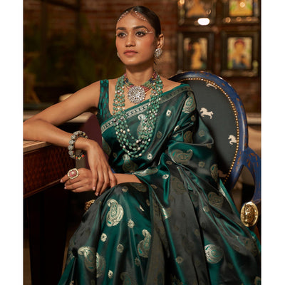 Bottle Green Woven Satin Saree With Tassels