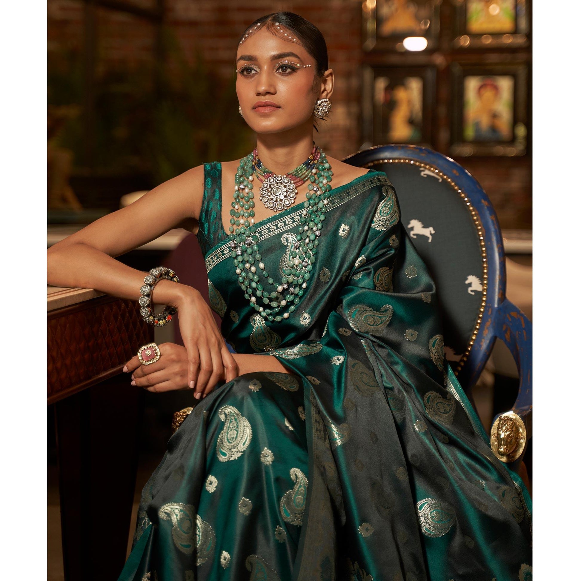 Bottle Green Woven Satin Saree With Tassels