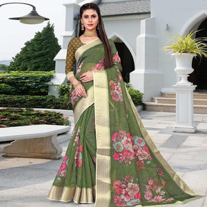Bottole Green Party Wear Floral Digital Printed With Jacquard Border Soft Georgette Saree