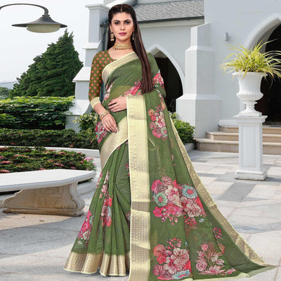 Bottole Green Party Wear Floral Digital Printed With Jacquard Border Soft Georgette Saree