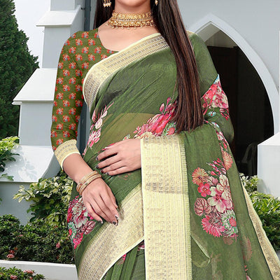 Bottole Green Party Wear Floral Digital Printed With Jacquard Border Soft Georgette Saree