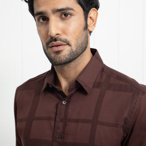 Rare Rabbit Men's Boxline Brown Cotton Lyocell Fabric Full Sleeves Checks Print Shirt