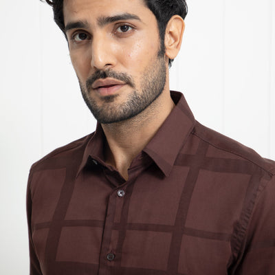 Rare Rabbit Men's Boxline Brown Cotton Lyocell Fabric Full Sleeves Checks Print Shirt