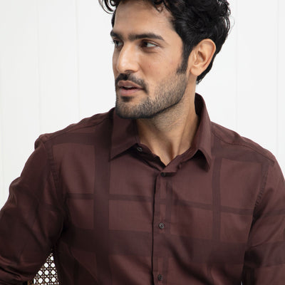 Rare Rabbit Men's Boxline Brown Cotton Lyocell Fabric Full Sleeves Checks Print Shirt