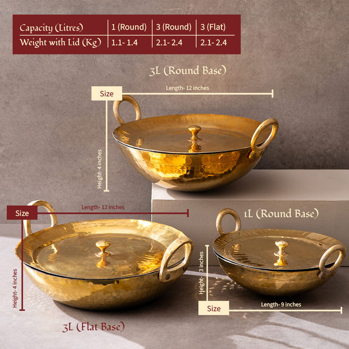 Set of 3 Brass Kadhais (1.5L round base, 3L round base, 3L flat base)