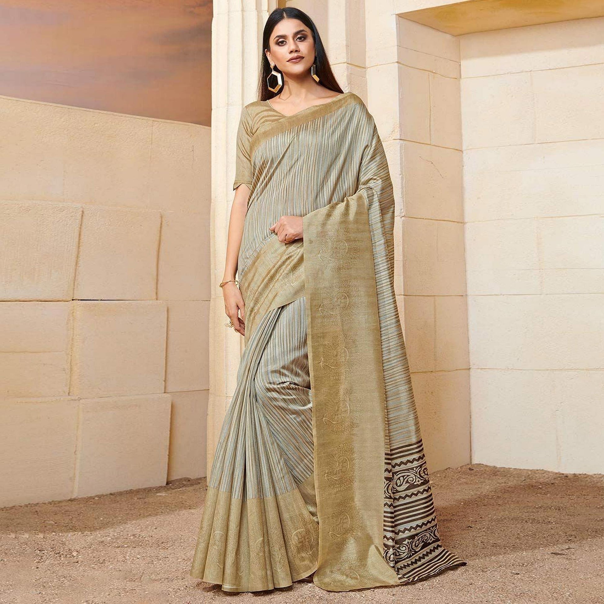 Breathtaking Beige Colored Casual Wear Printed Bhagalpuri Silk Saree