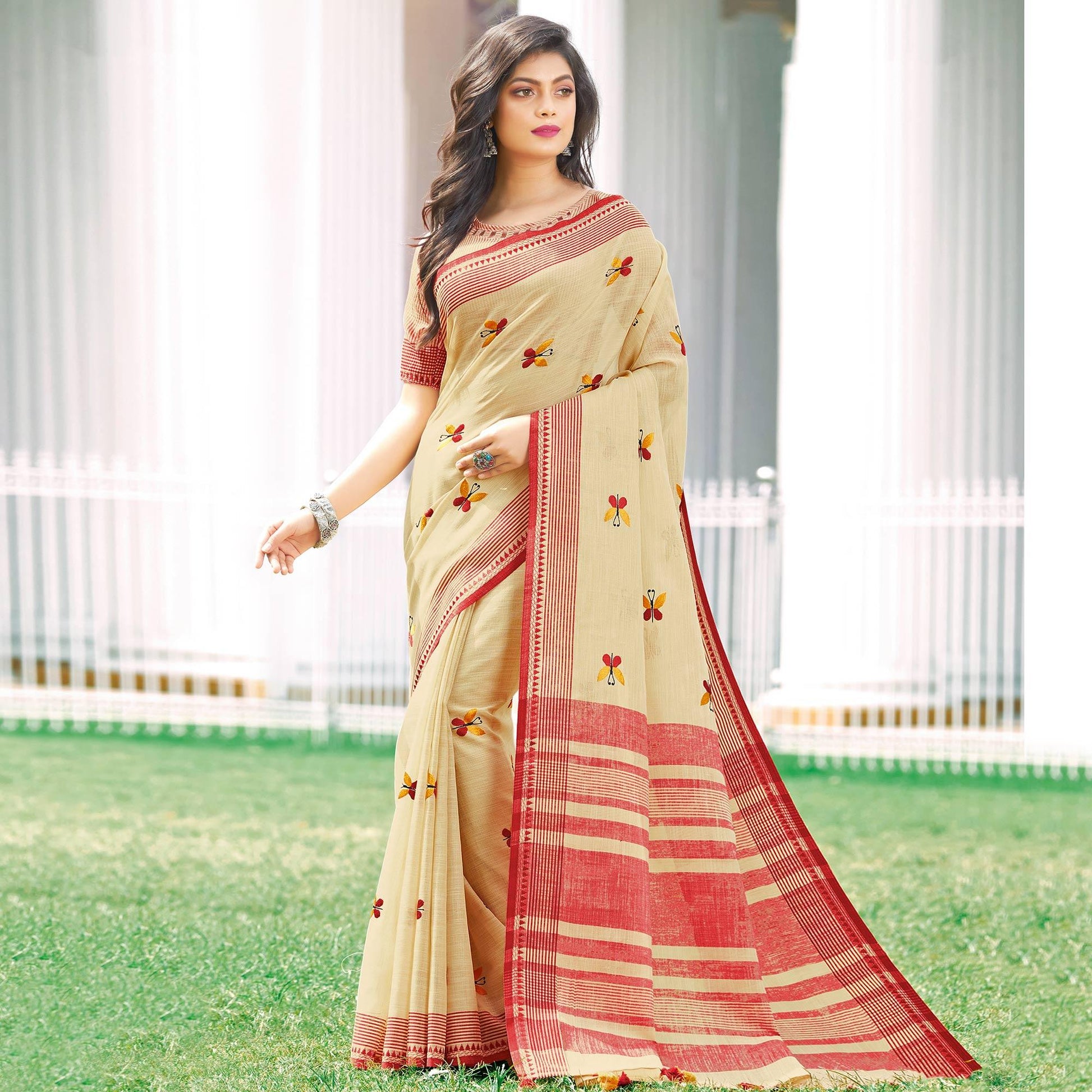 Breathtaking Beige Colored Casual Wear Printed Linen Cotton Saree