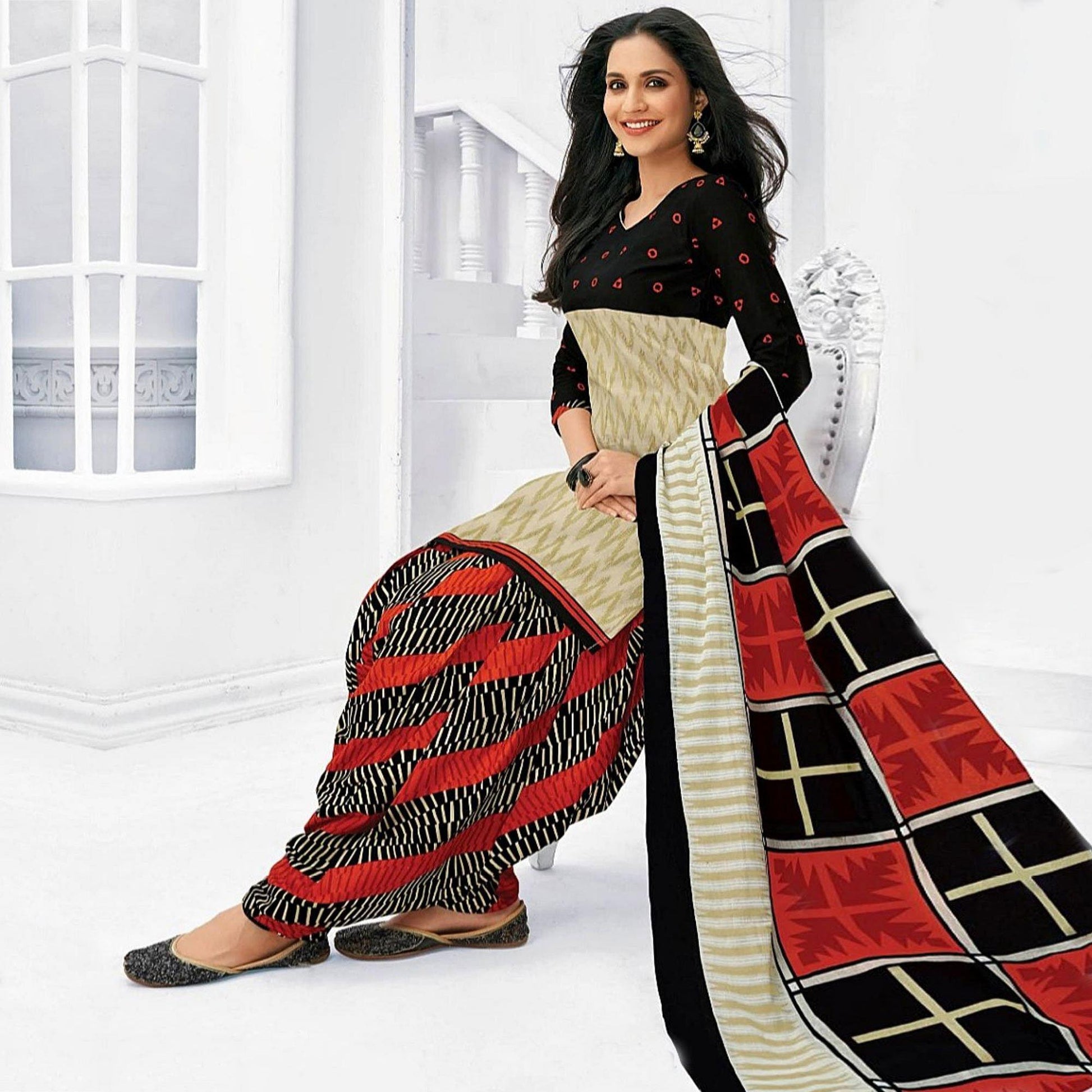 Breathtaking Black - Cream Colored Casual Wear Printed Cotton Stitched Patiala Suit