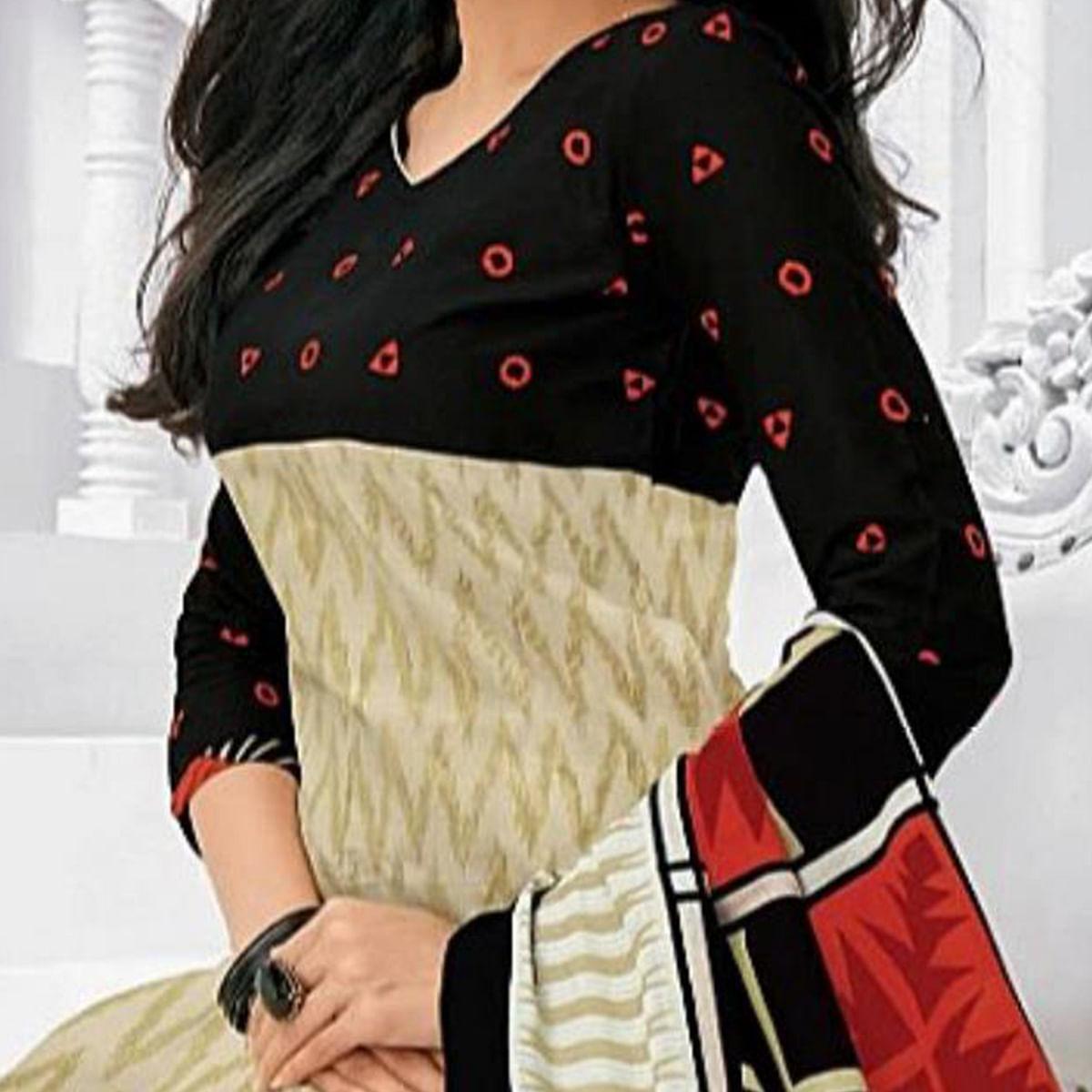 Breathtaking Black - Cream Colored Casual Wear Printed Cotton Stitched Patiala Suit