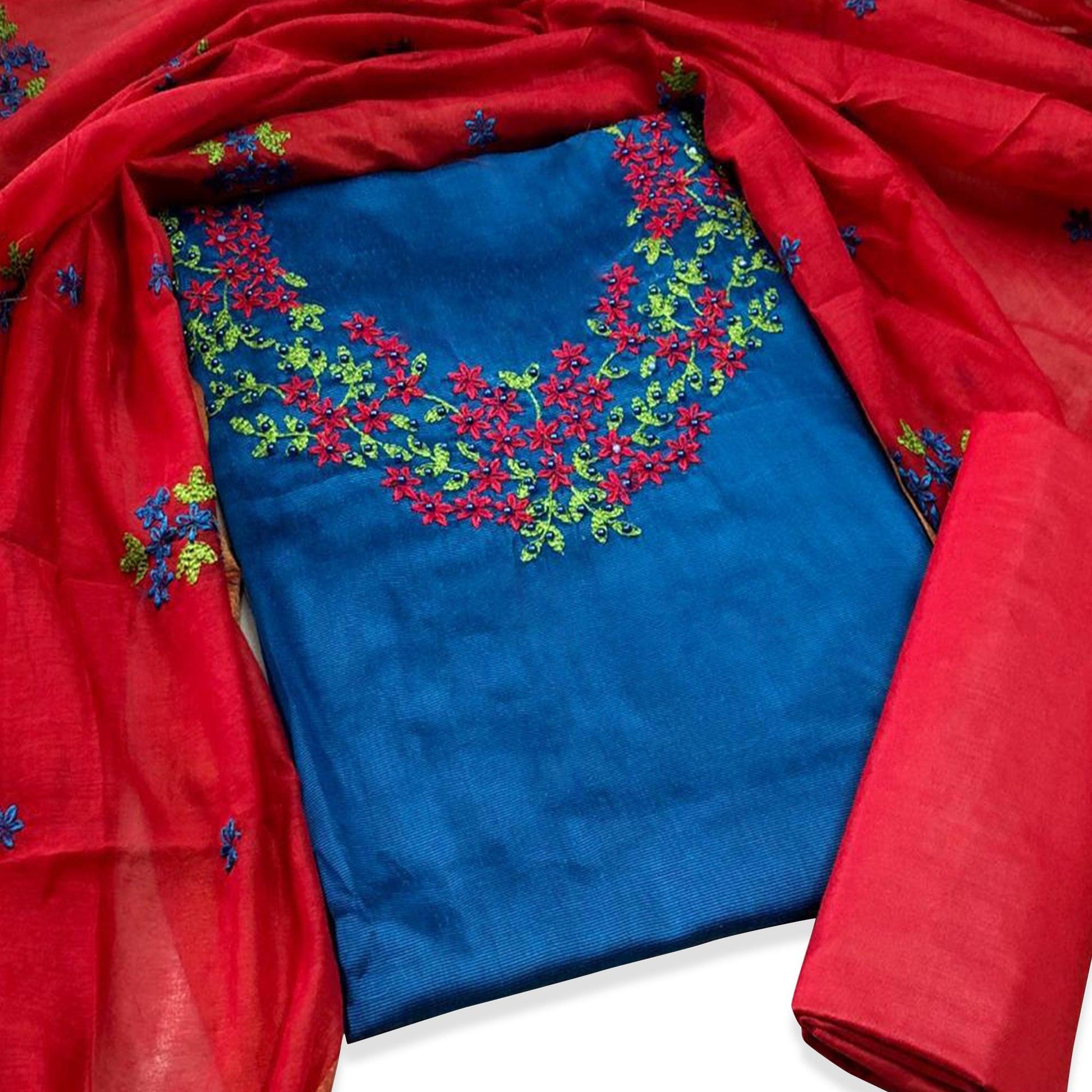 Breathtaking Blue Colored Casual Wear Embroidered Cotton Dress Material