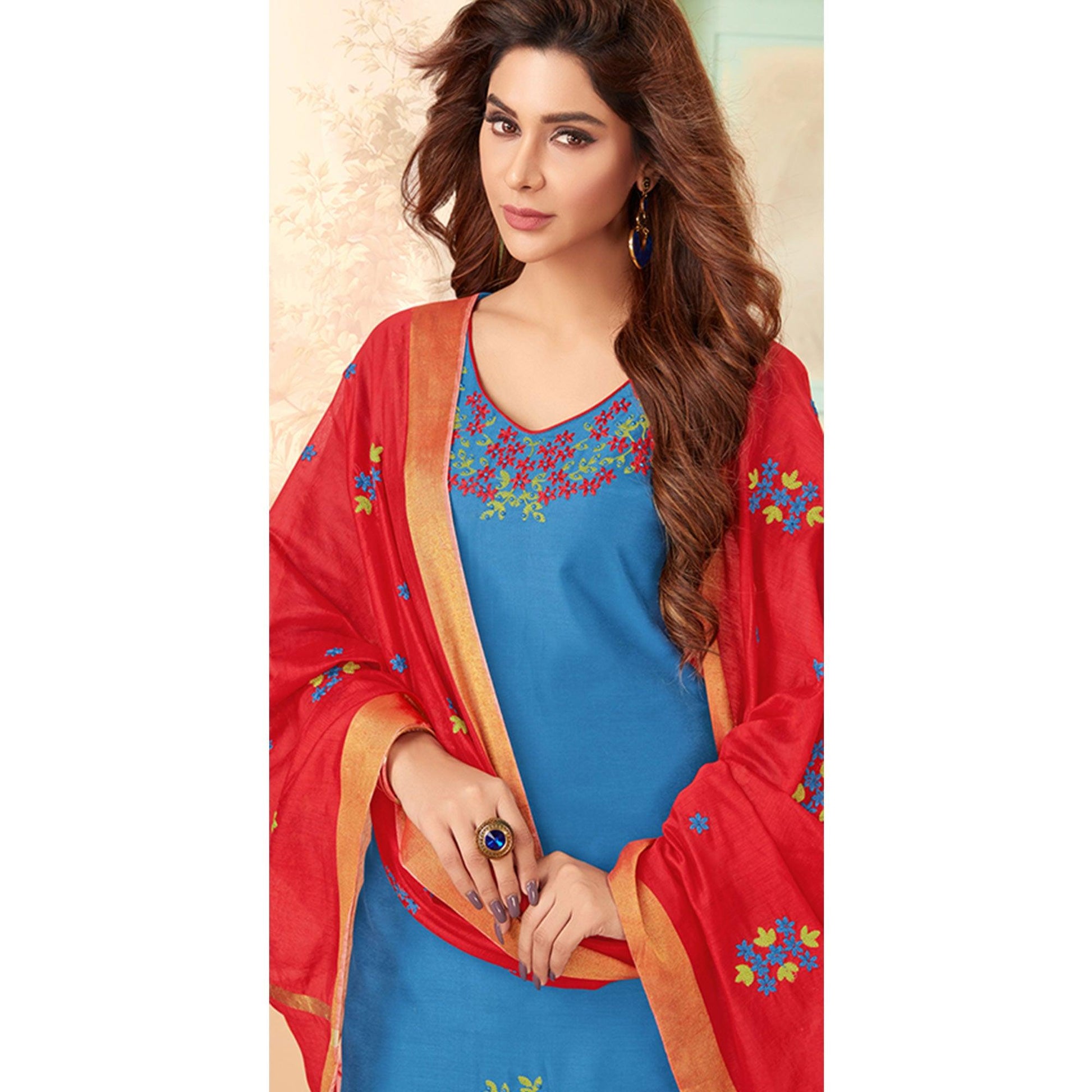Breathtaking Blue Colored Casual Wear Embroidered Cotton Dress Material