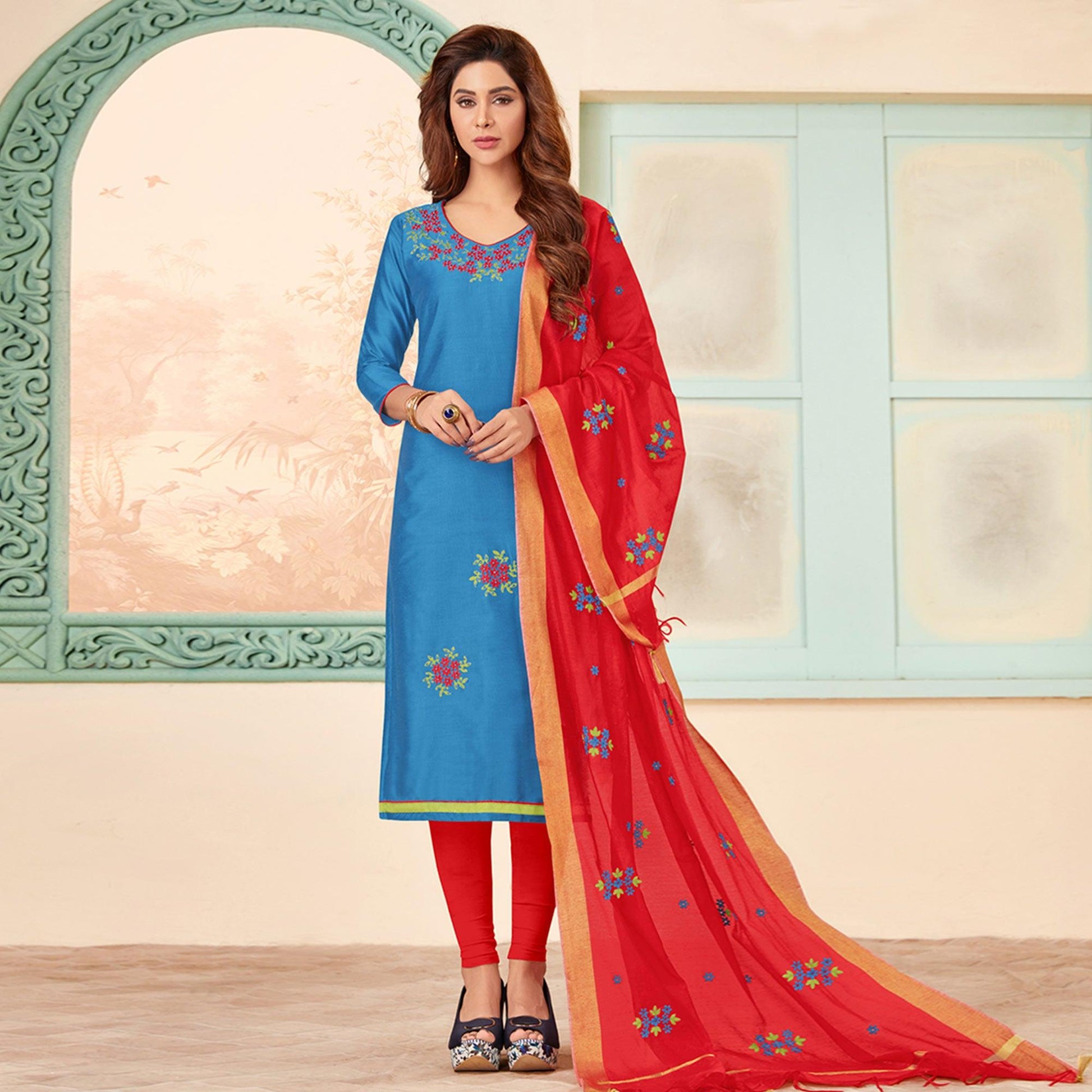 Breathtaking Blue Colored Casual Wear Embroidered Cotton Dress Material