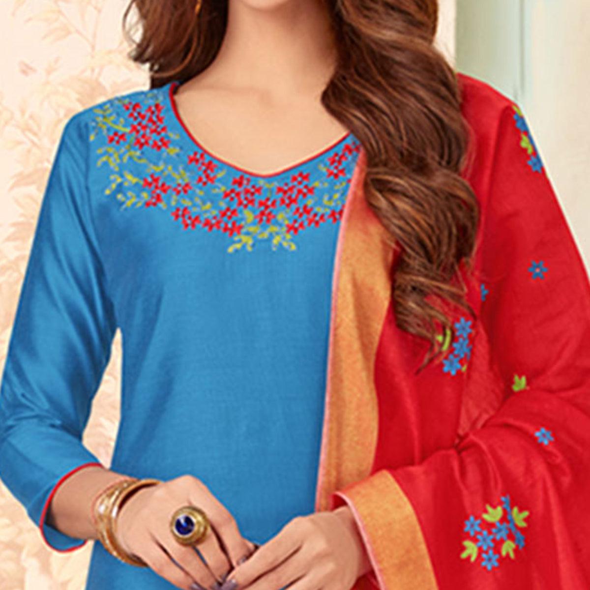 Breathtaking Blue Colored Casual Wear Embroidered Cotton Dress Material