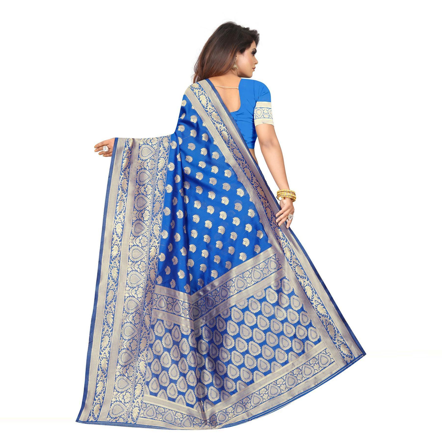 Breathtaking Blue Colored Festive Wear Woven Lichi Silk Saree