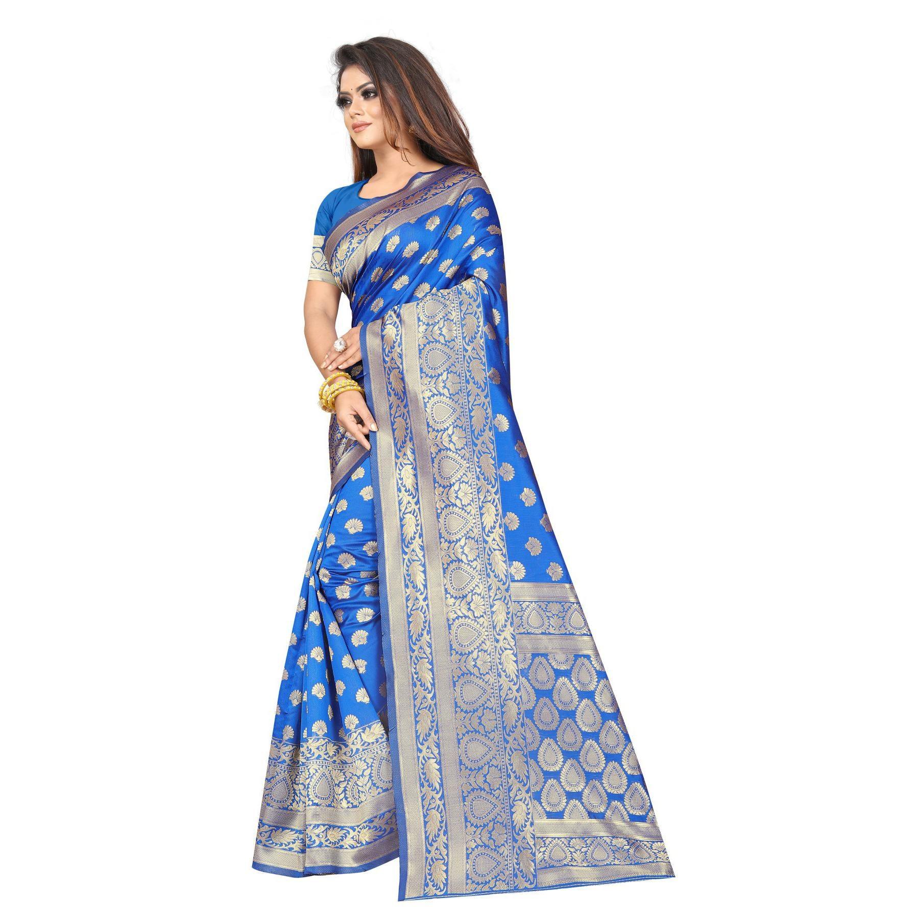 Breathtaking Blue Colored Festive Wear Woven Lichi Silk Saree