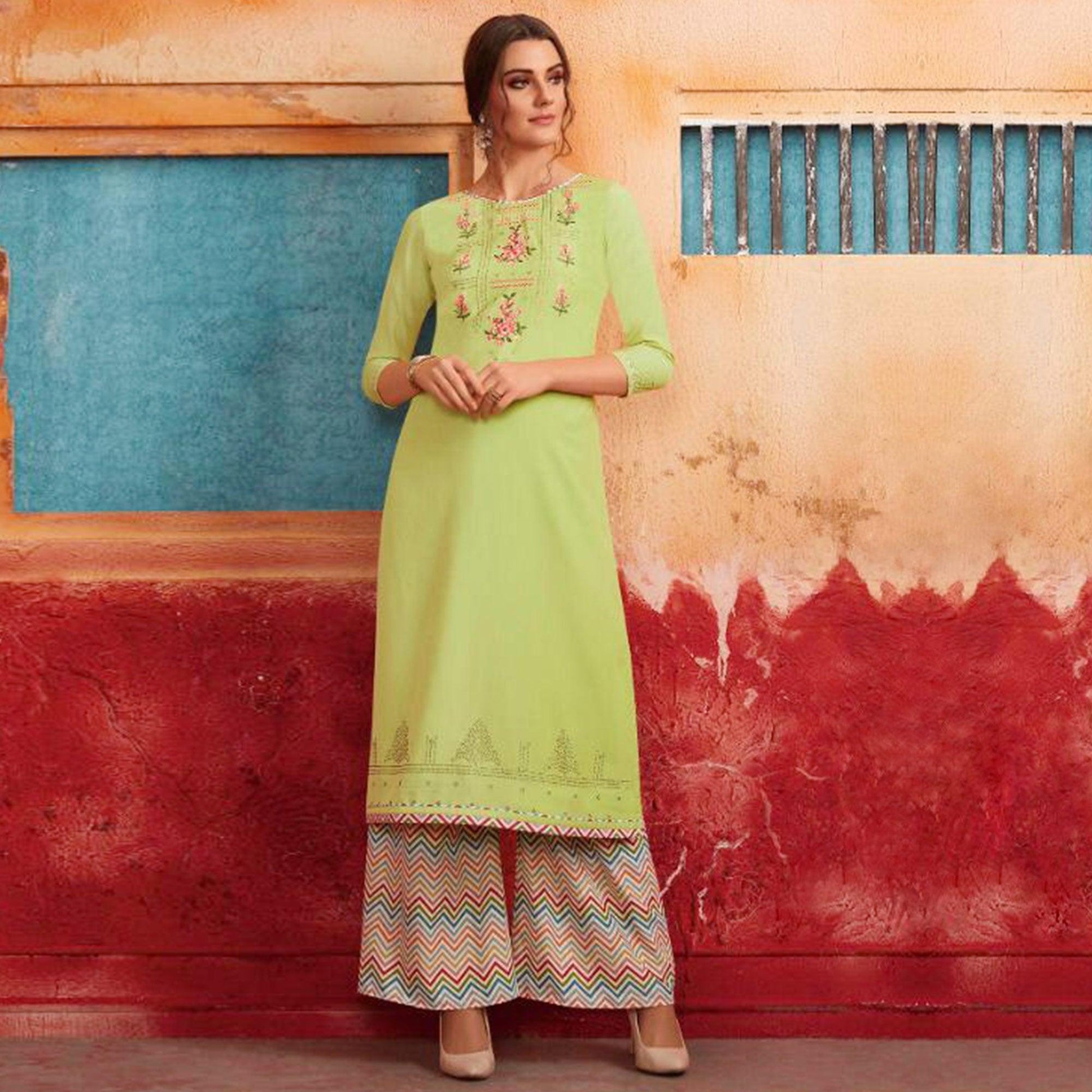 Breathtaking Bright Green Colored Partywear Embroidered Pure Muslin-Silk Kurti-Palazzo Set