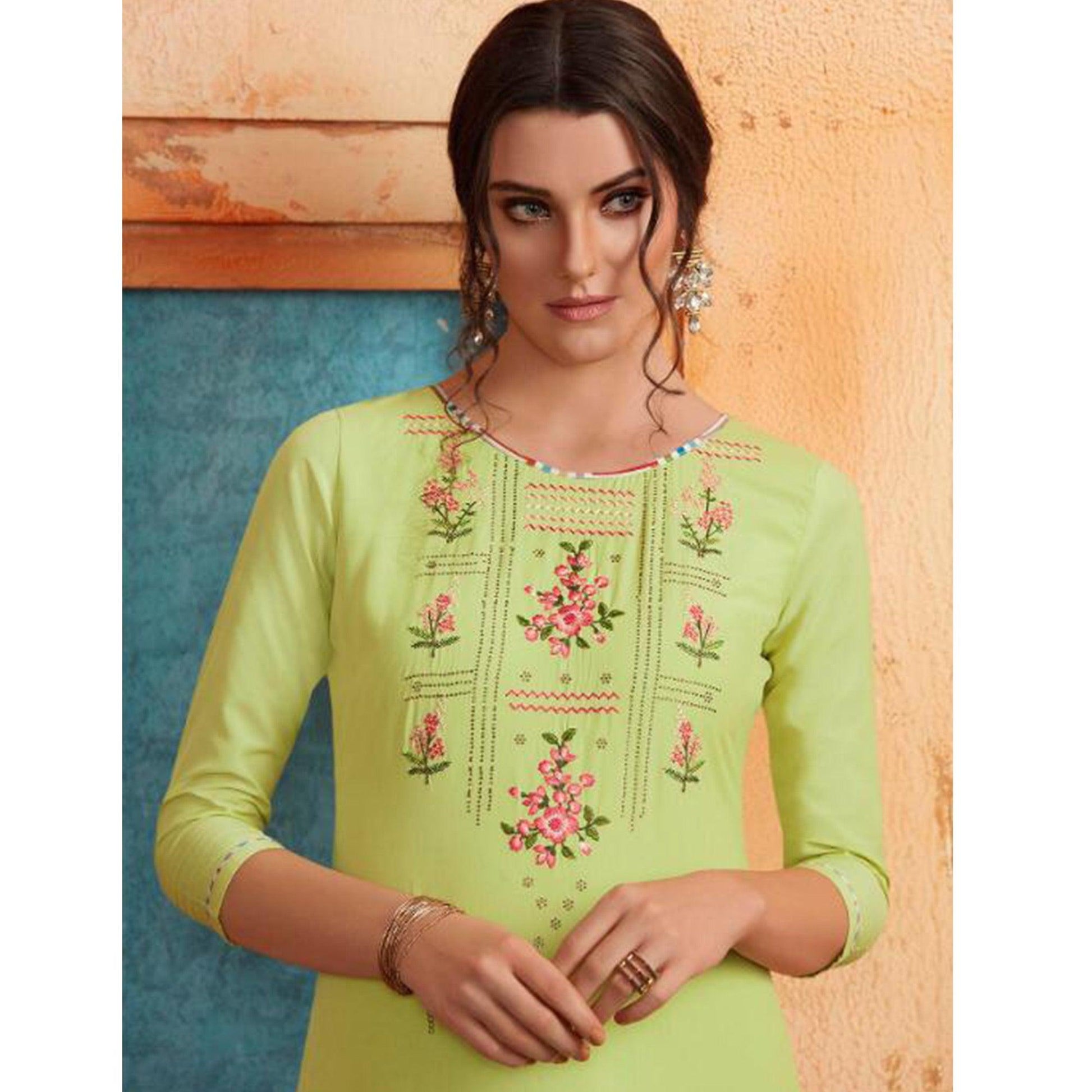 Breathtaking Bright Green Colored Partywear Embroidered Pure Muslin-Silk Kurti-Palazzo Set