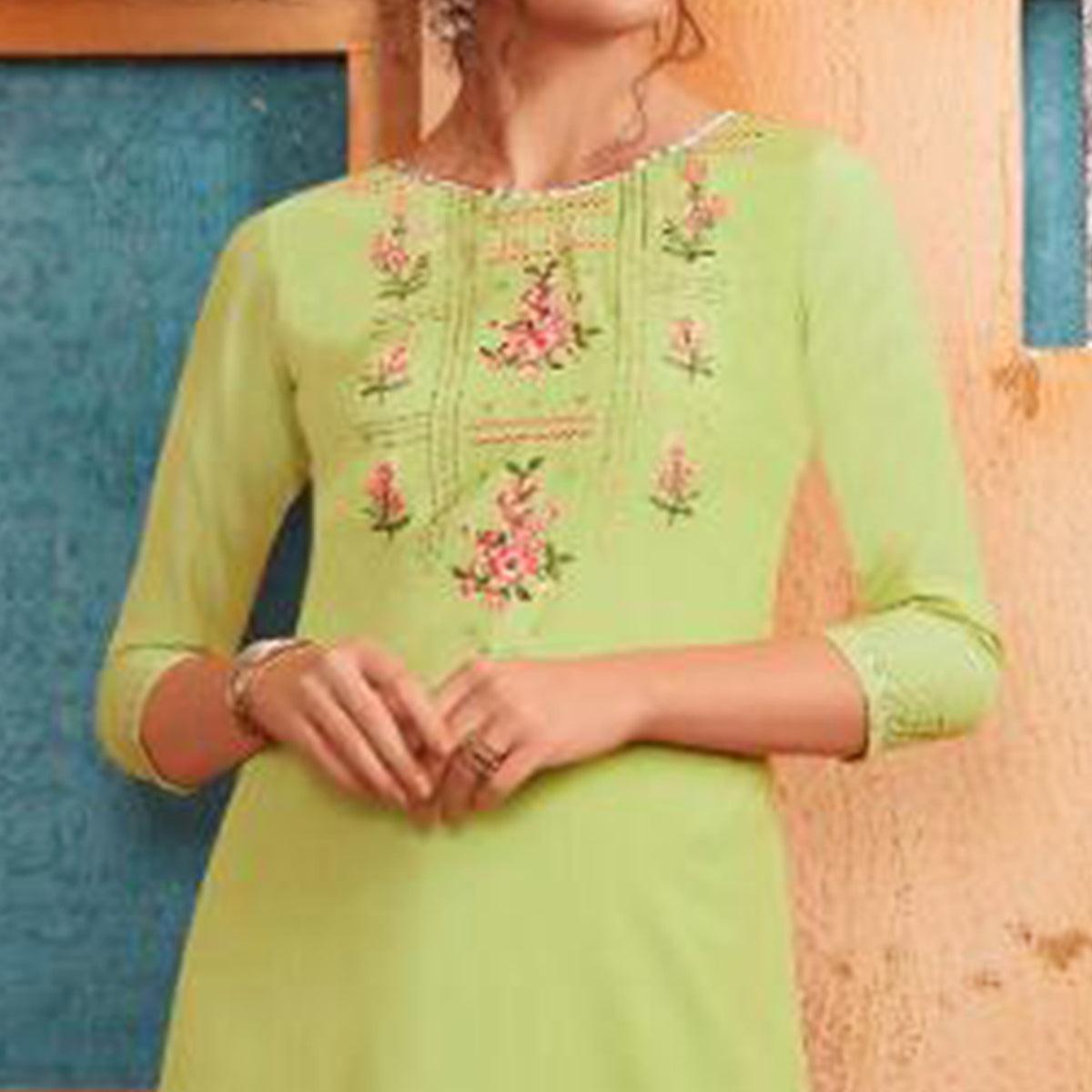 Breathtaking Bright Green Colored Partywear Embroidered Pure Muslin-Silk Kurti-Palazzo Set