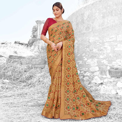 Breathtaking Chikoo Coloured Partywear Printed Brasso Saree