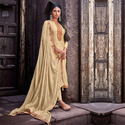 Breathtaking Cream Colored Embroidered Handwork Party Wear Cotton Silk Suit