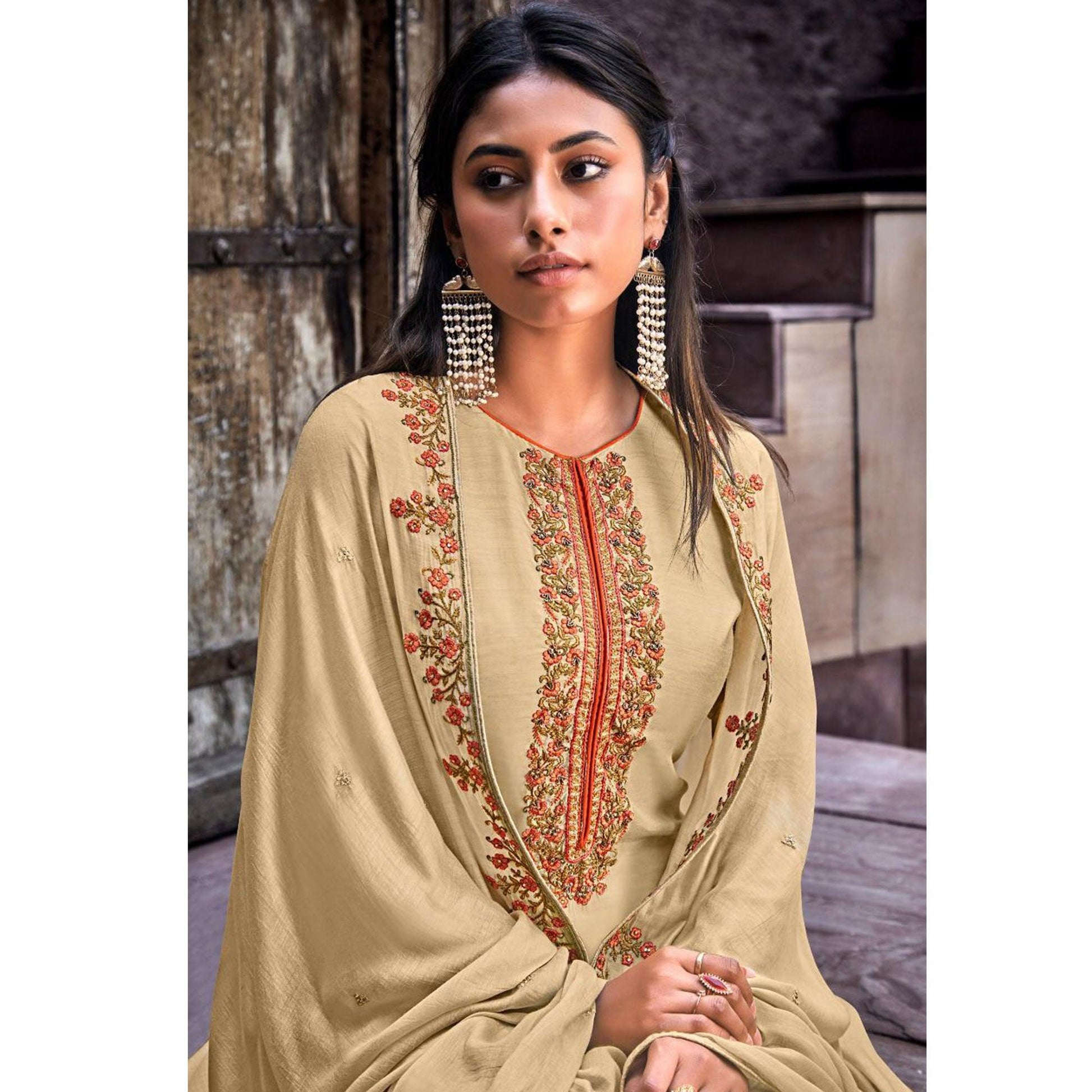 Breathtaking Cream Colored Embroidered Handwork Party Wear Cotton Silk Suit