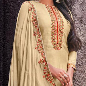 Breathtaking Cream Colored Embroidered Handwork Party Wear Cotton Silk Suit