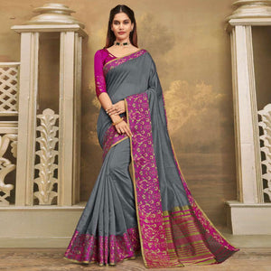 Breathtaking Dark Grey Colored Festive Wear Woven Cotton Handloom Saree