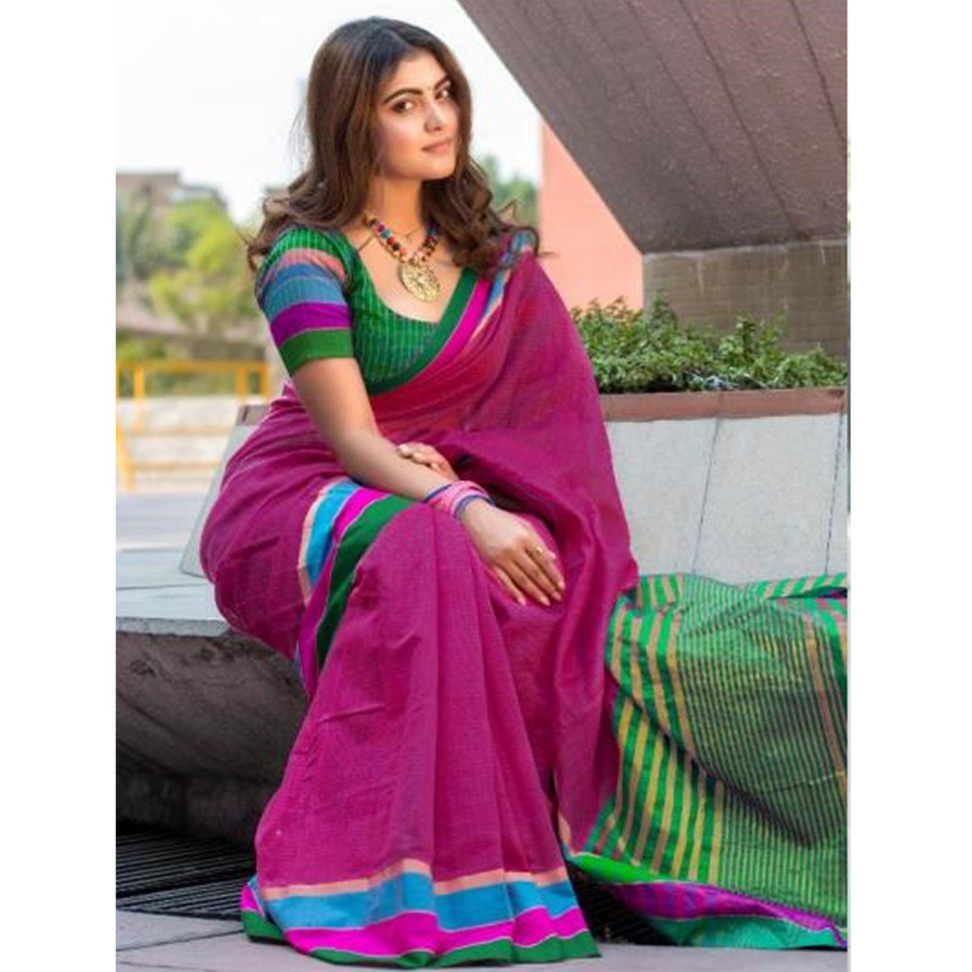 Breathtaking Dark Pink Colored Festive Wear Woven Cotton Saree