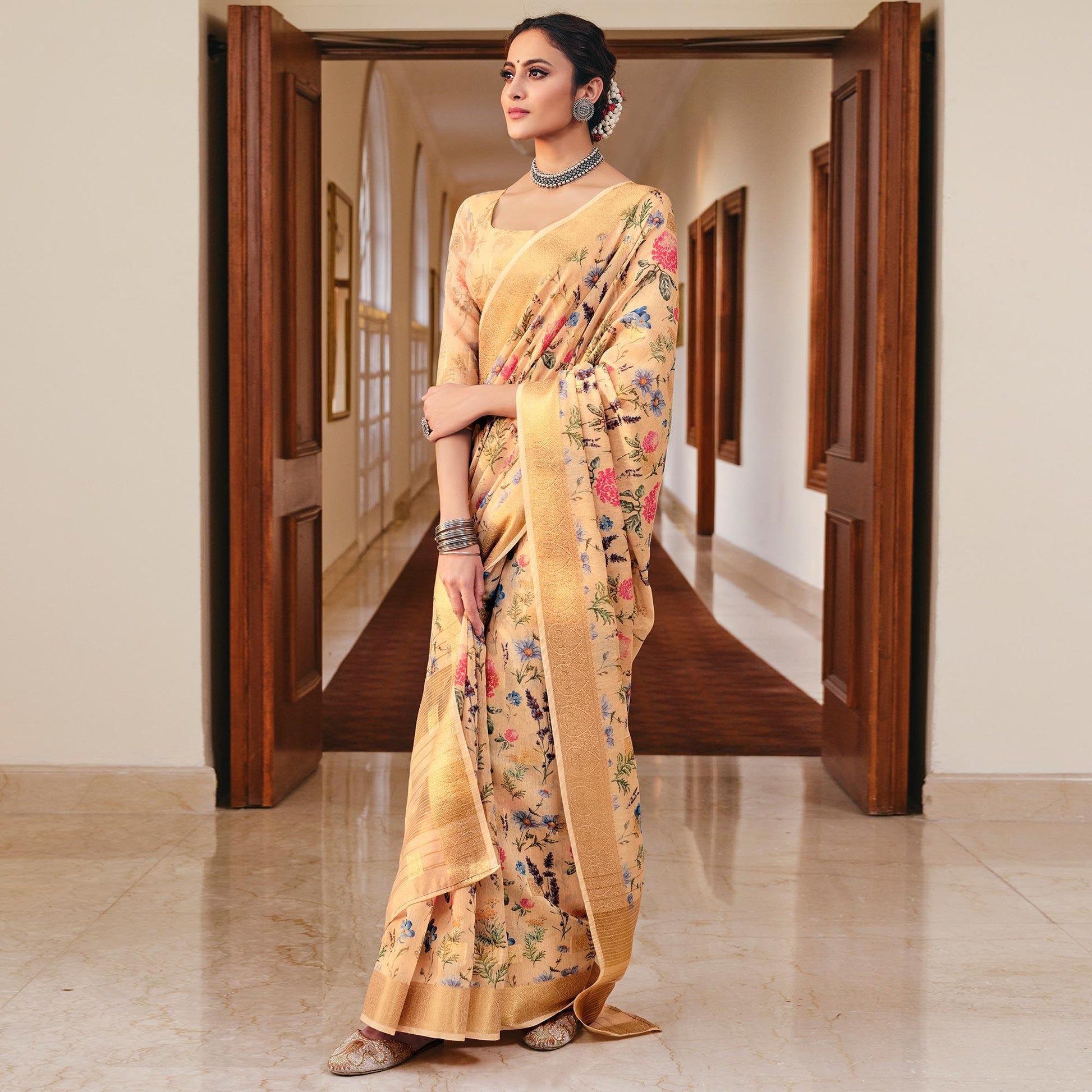 Breathtaking Golden-Yellow Colored Party Wear Digital Printed Linen Saree