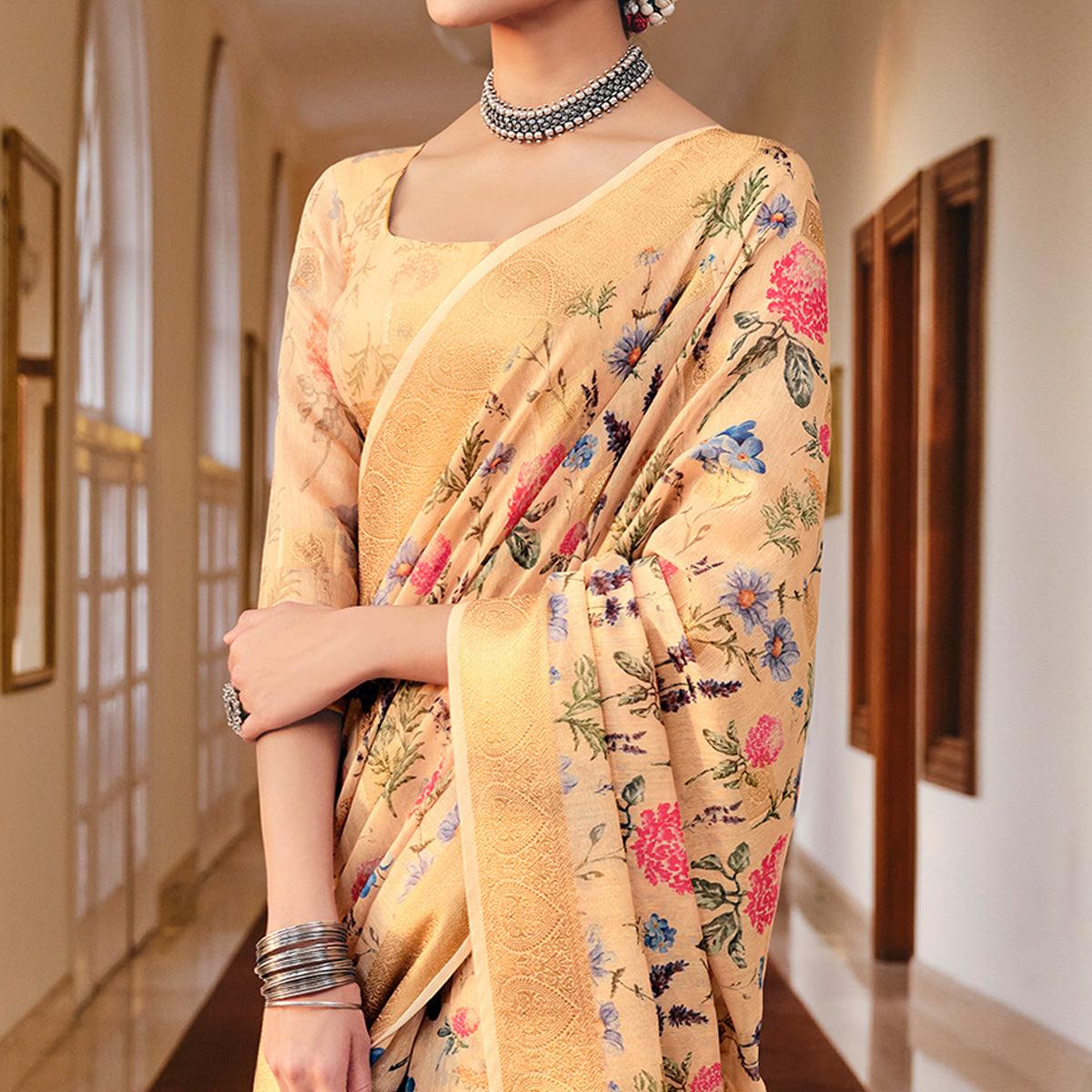 Breathtaking Golden-Yellow Colored Party Wear Digital Printed Linen Saree