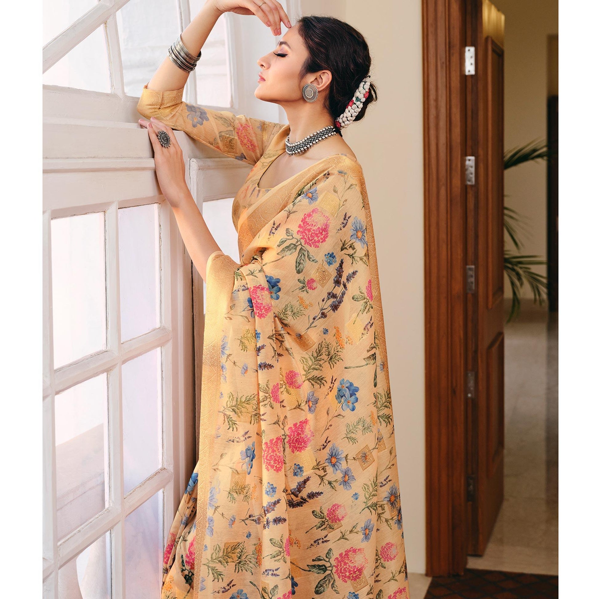 Breathtaking Golden-Yellow Colored Party Wear Digital Printed Linen Saree