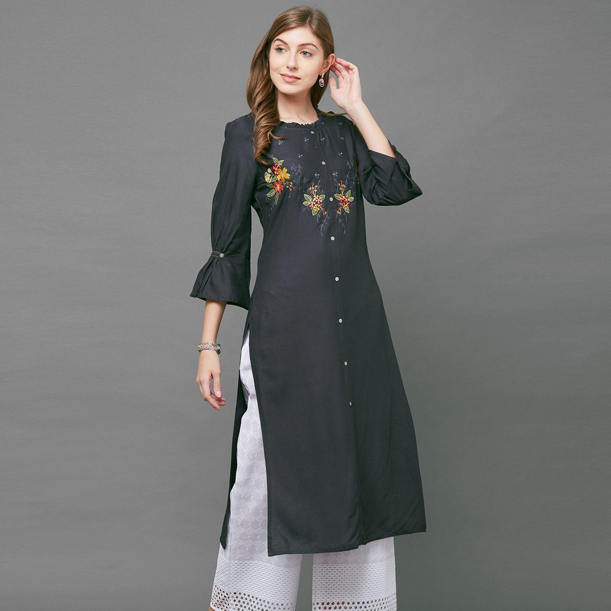 Breathtaking Gray Colored Casual Embroidered Cotton Kurti