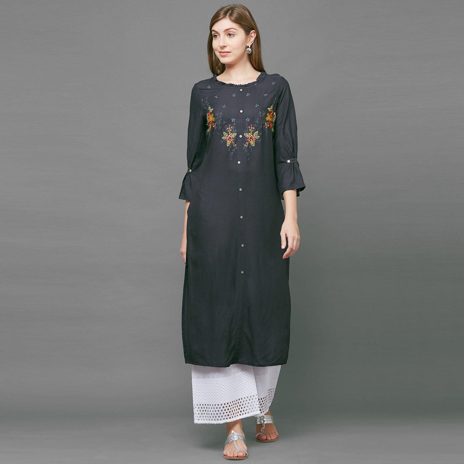 Breathtaking Gray Colored Casual Embroidered Cotton Kurti