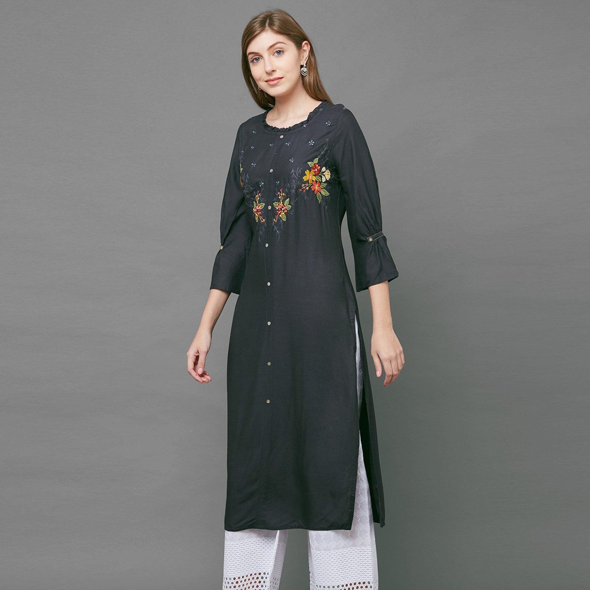 Breathtaking Gray Colored Casual Embroidered Cotton Kurti