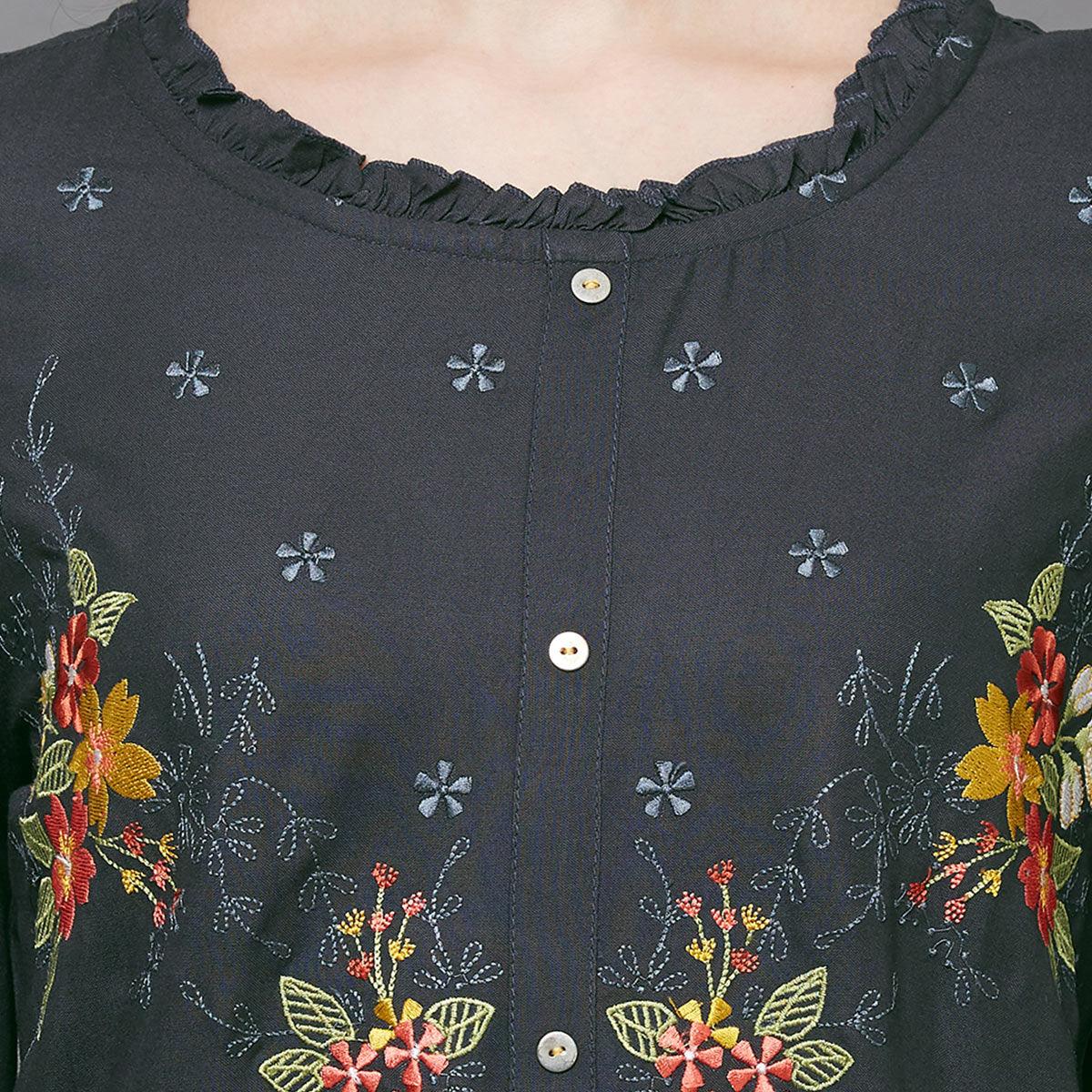 Breathtaking Gray Colored Casual Embroidered Cotton Kurti