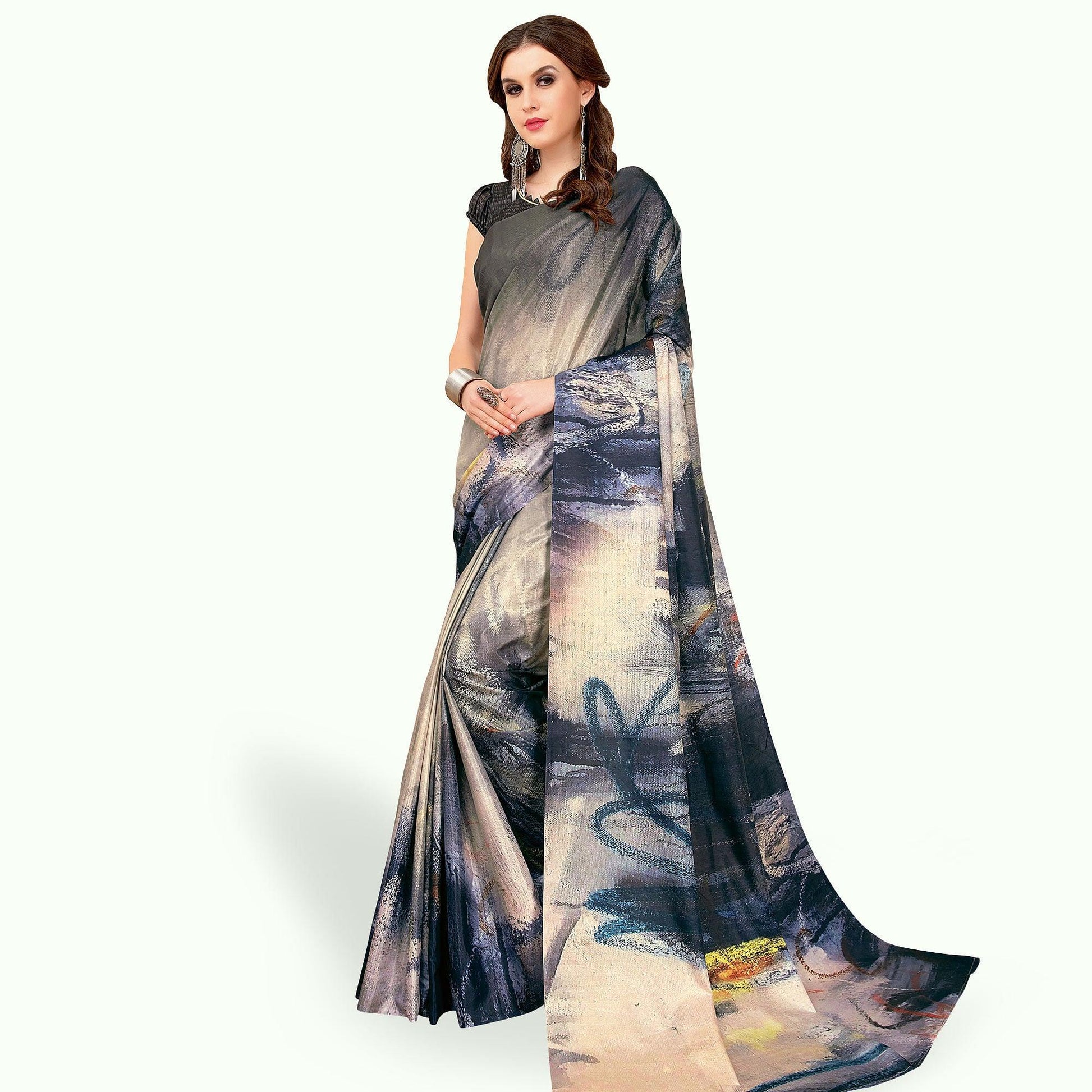 Breathtaking Gray - Multi Colored Casual Wear Printed Art Silk Saree