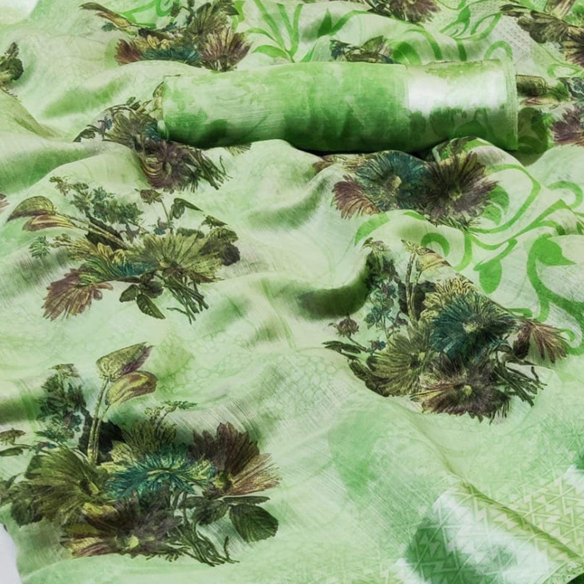 Breathtaking Green Colored Casual Wear Floral Printed Linen Saree